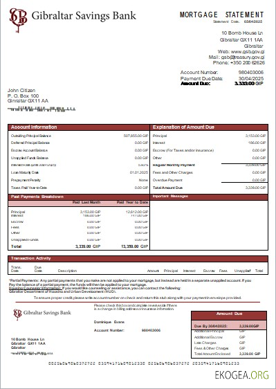 Relevé hypothécaire de la Gibraltar Savings Bank scr